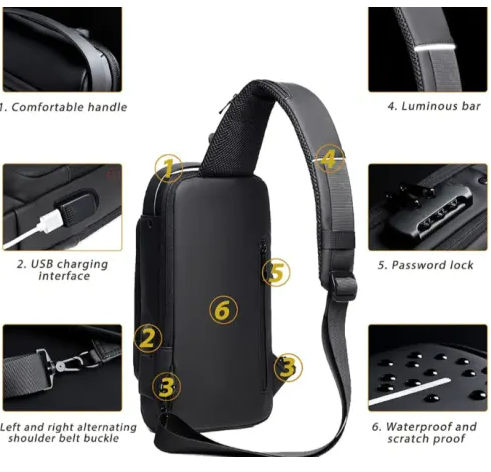 Anti-Theft Lock Sling Chest Bag - Grey/Brown_1